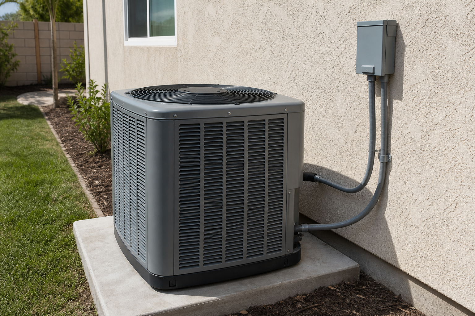 Outdoor HVAC condenser on a pad with a wall-mounted disconnect box
