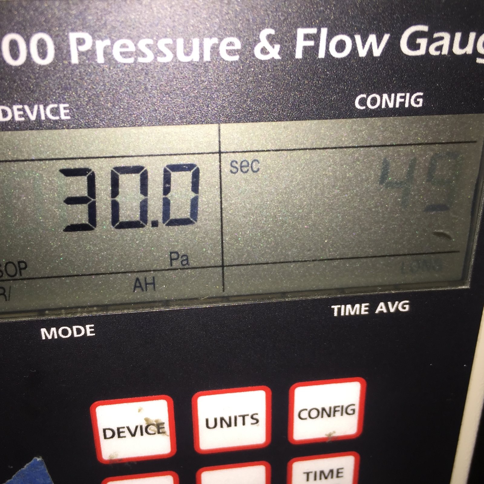 The DG-700 reading 30.0 Pa, a common test pressure for duct leakage.